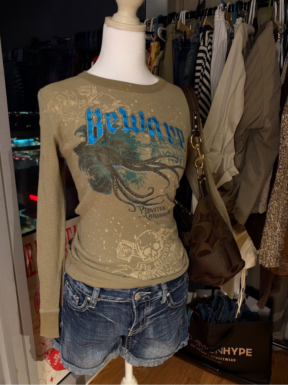 J. Crew Olive Green Long-Sleeve Graphic Tee with Blue Print